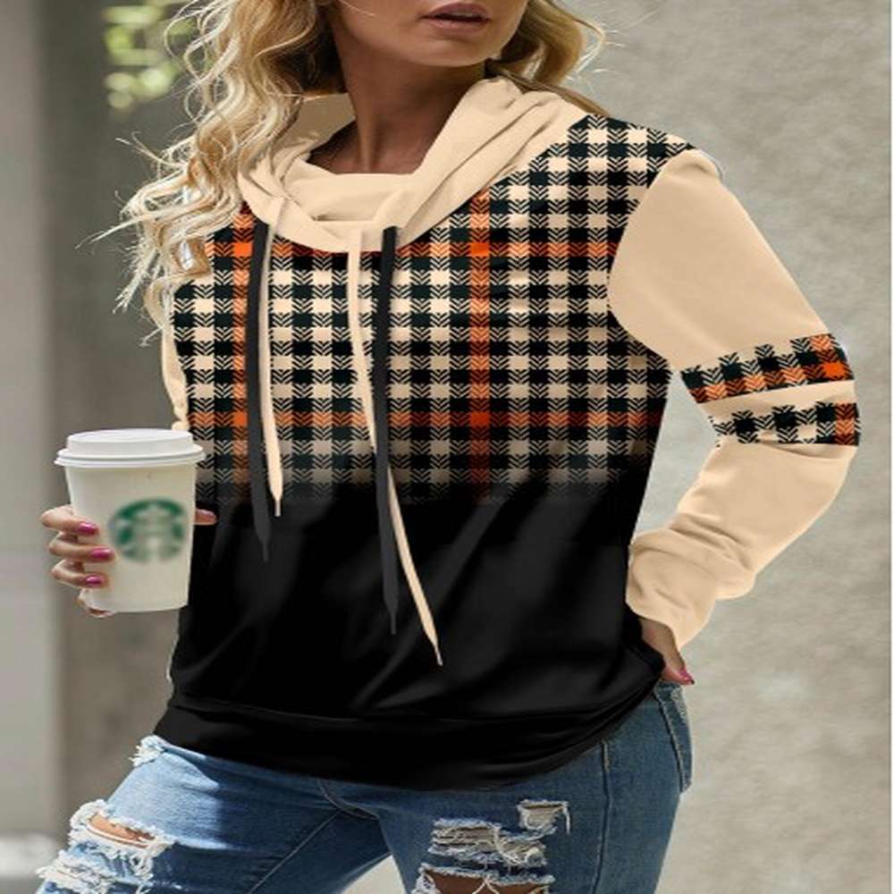 modlily light coffee patchwork plaid long sleeve sweatshirt xxl