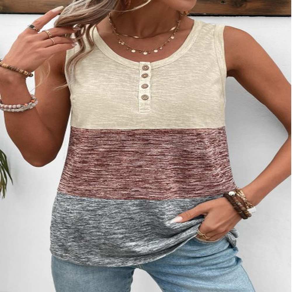 modlily light coffee patchwork round neck tank top xxl