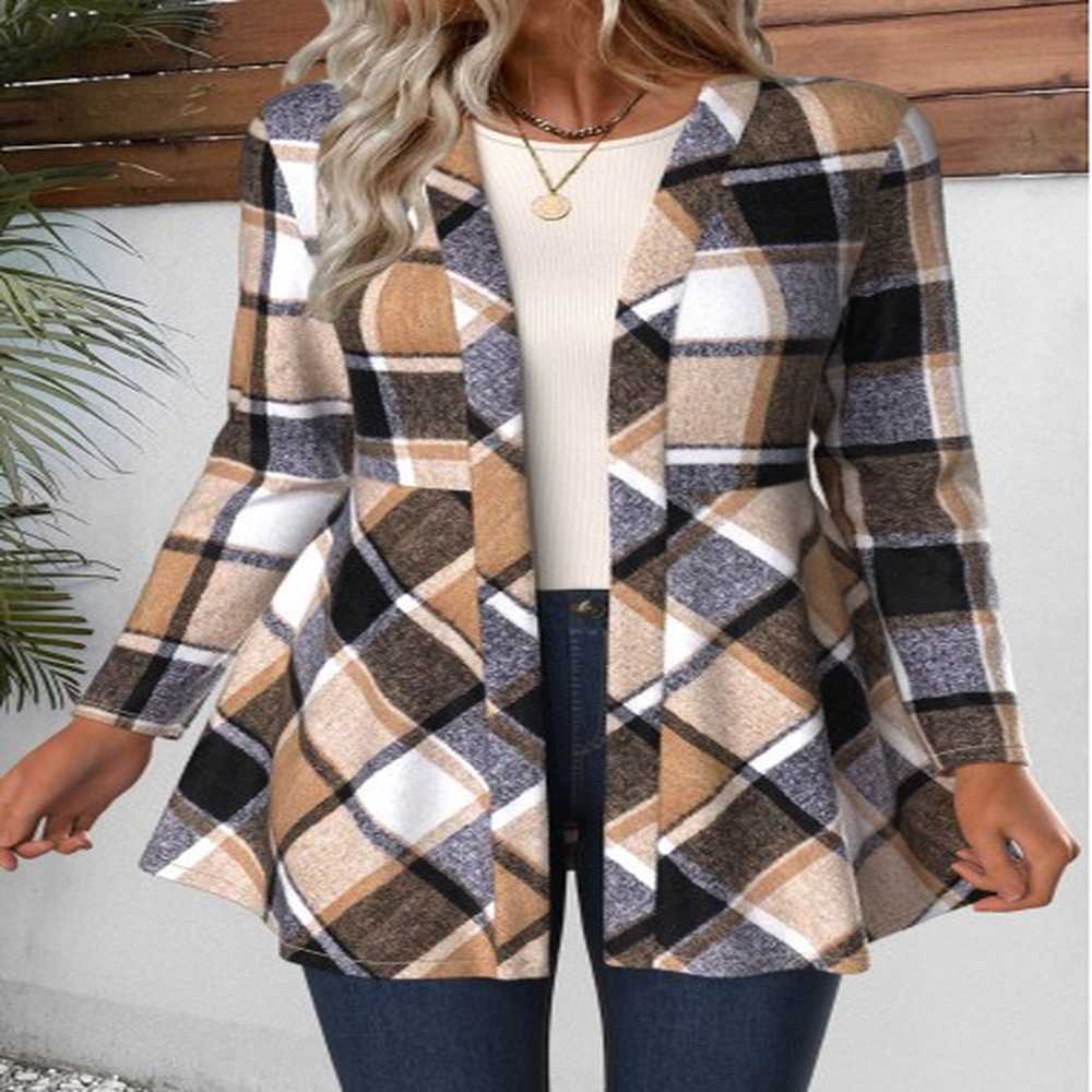 modlily light coffee plaid long sleeve coat xxl