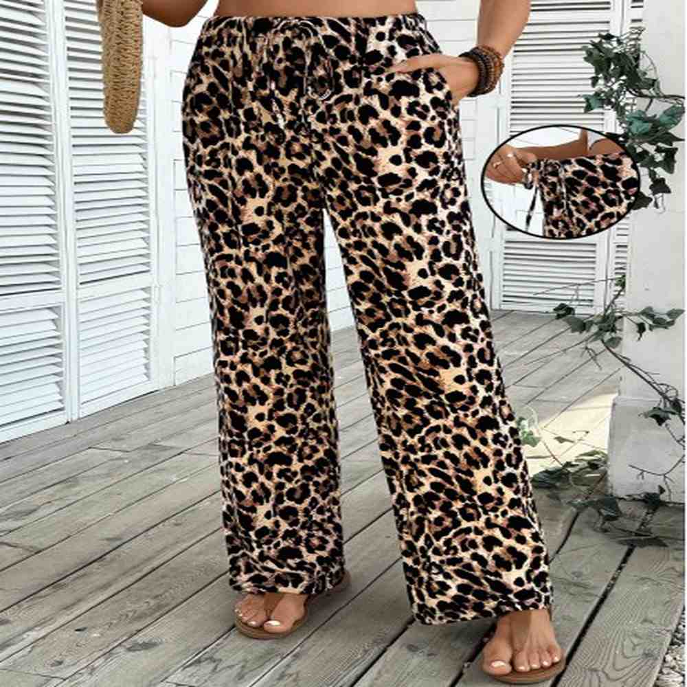 modlily light coffee pocket leopard wide leg elastic waist pants