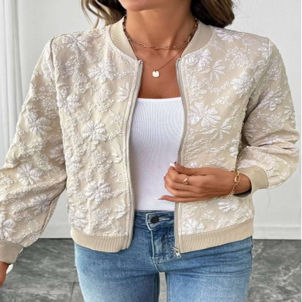modlily light coffee zipper long sleeve stand collar jacket