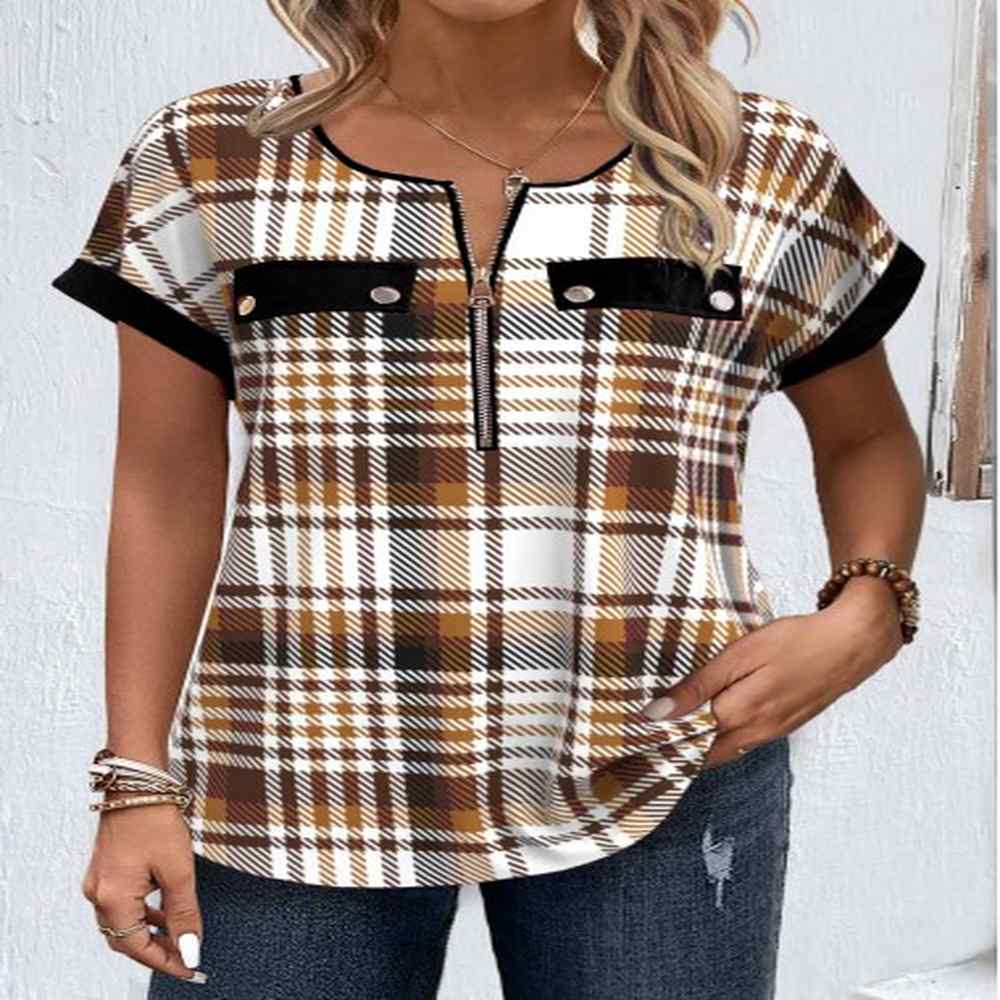 modlily light coffee zipper plaid short sleeve round neck blouse