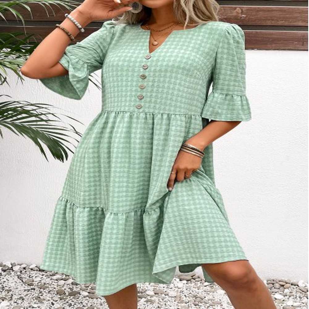 modlily light green button a line half sleeve dress