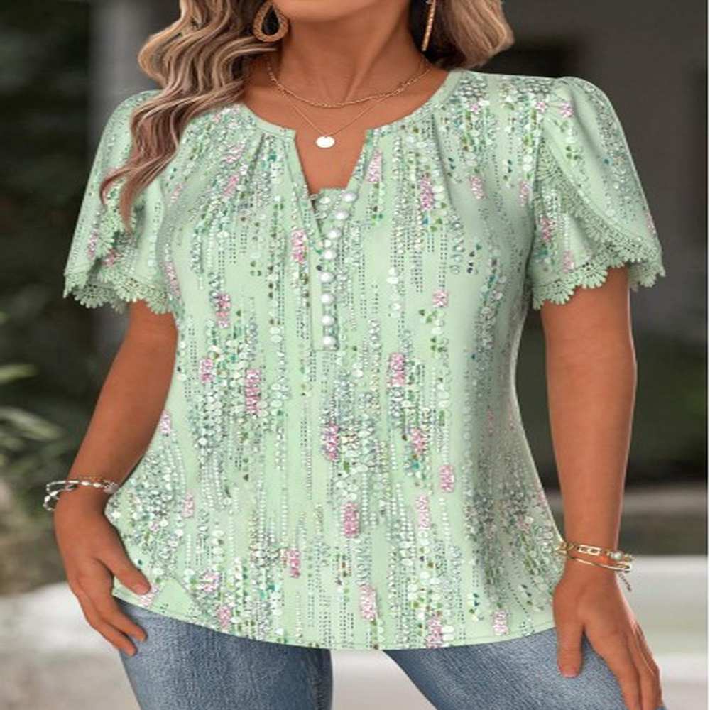 modlily light green geometric print short sleeve split neck blouse