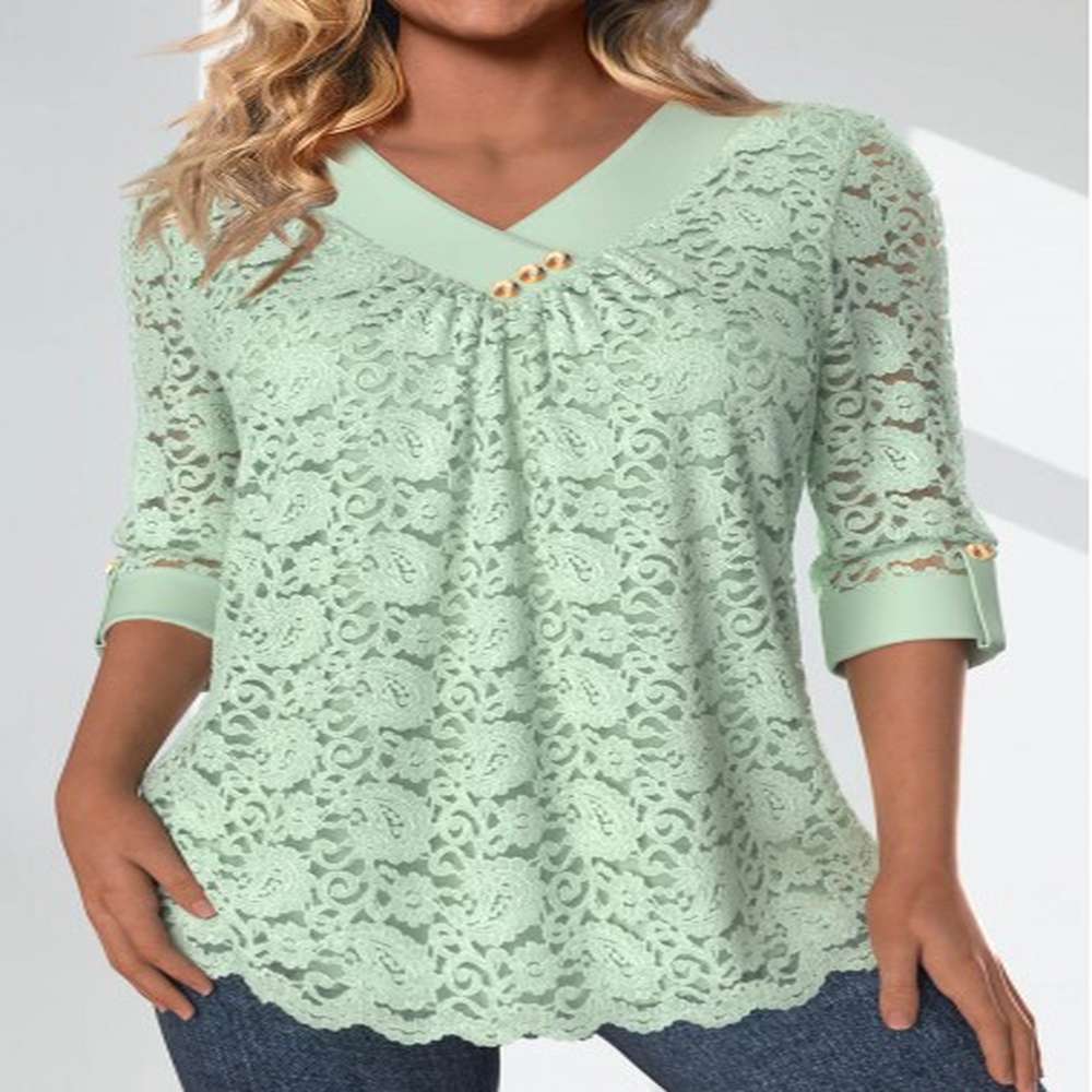 modlily light green lace sleeve v neck blouse