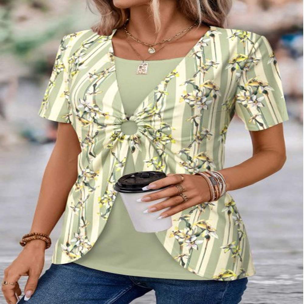 modlily light green patchwork floral print t shirt xxl