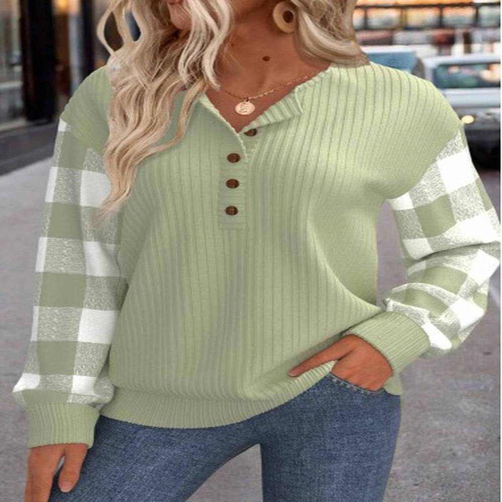 modlily light green patchwork plaid long sleeve round neck sweatshirt
