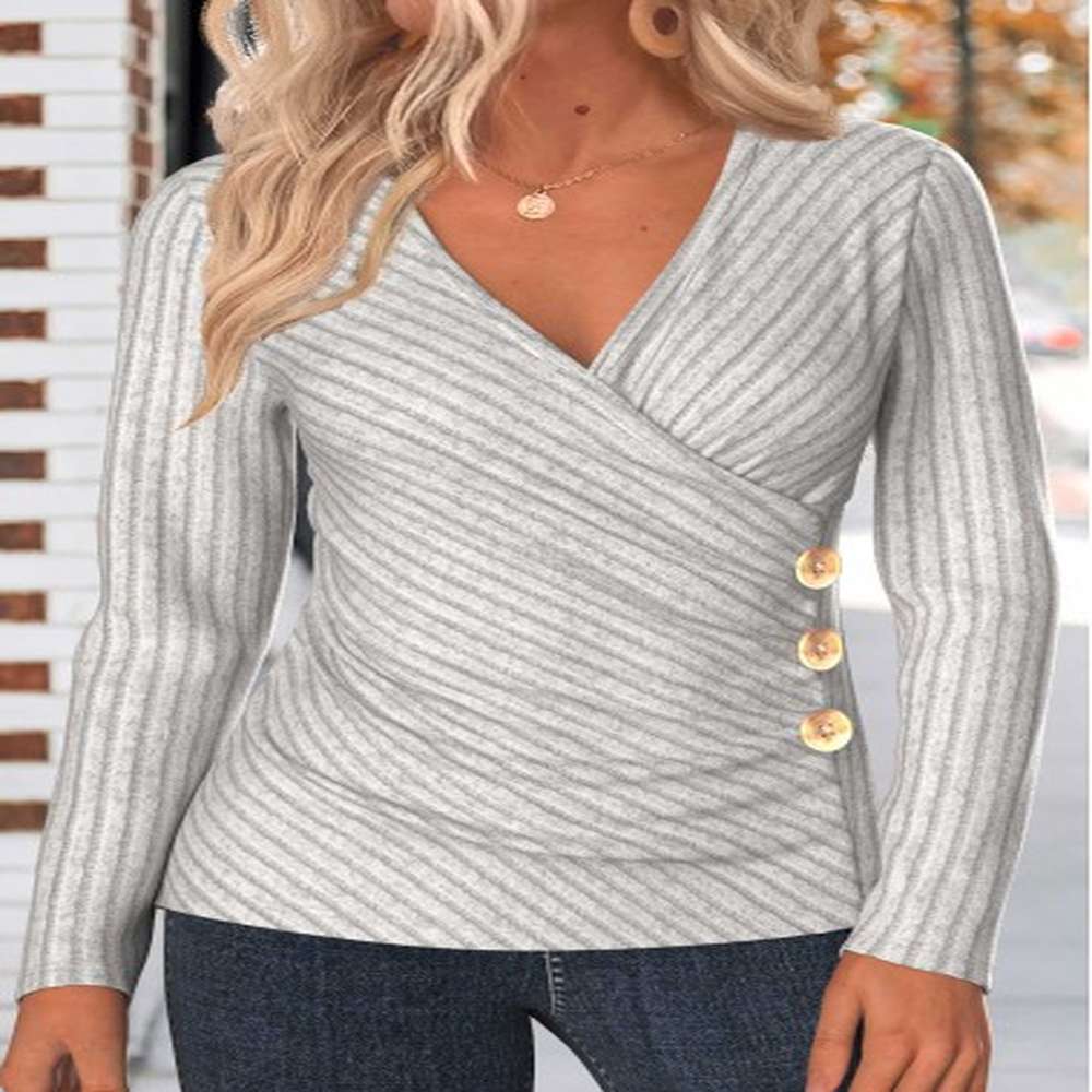 modlily light grey button long sleeve v neck t shirt