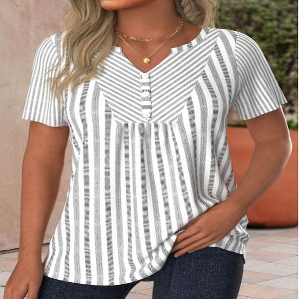 modlily light grey button striped short sleeve t shirt