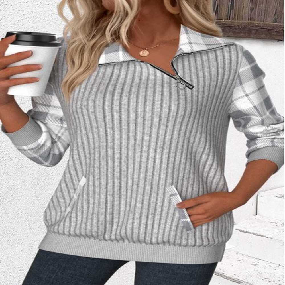 modlily light grey patchwork plaid long sleeve asymmetrical neck sweatshirt