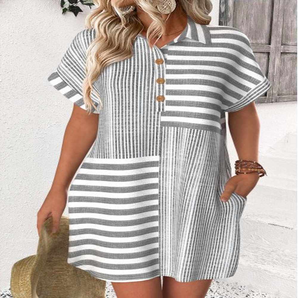 modlily light grey striped short shirt collar dress m
