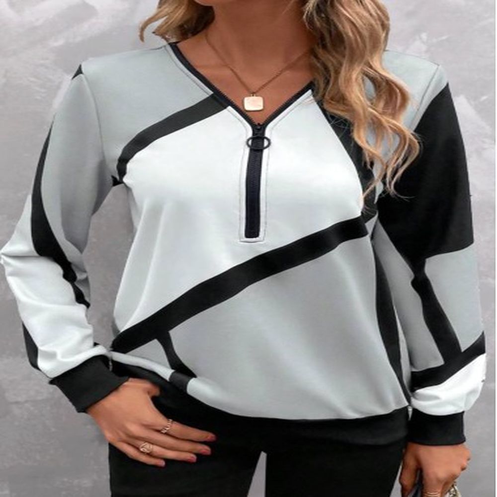 modlily light grey zipper geometric print long sleeve sweatshirt
