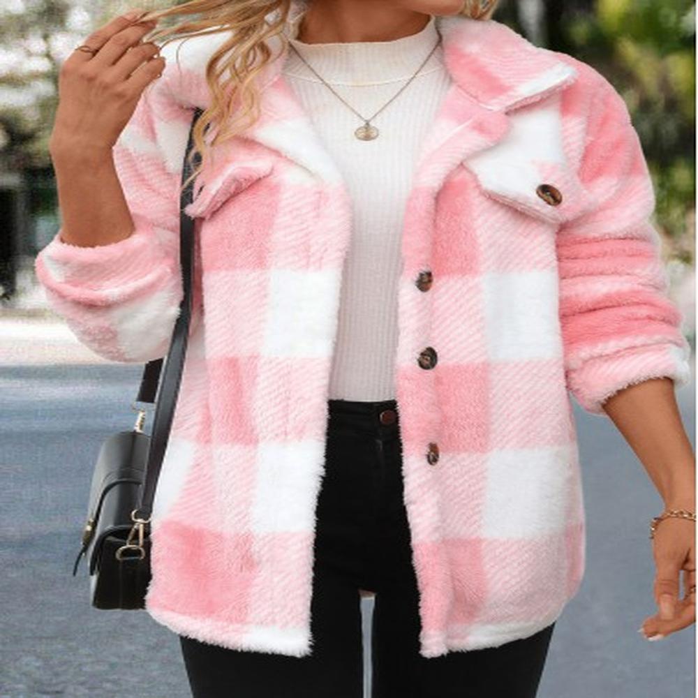 modlily light pink button plaid long sleeve coat l