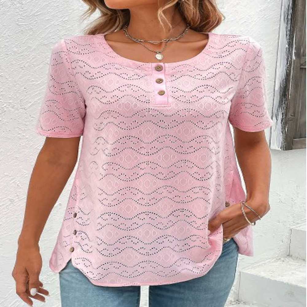 modlily light pink button short sleeve round neck blouse