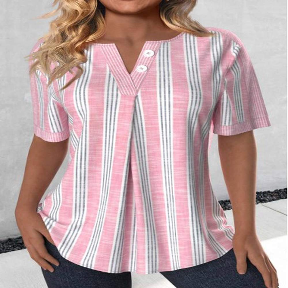 modlily light pink button striped short sleeve split neck blouse