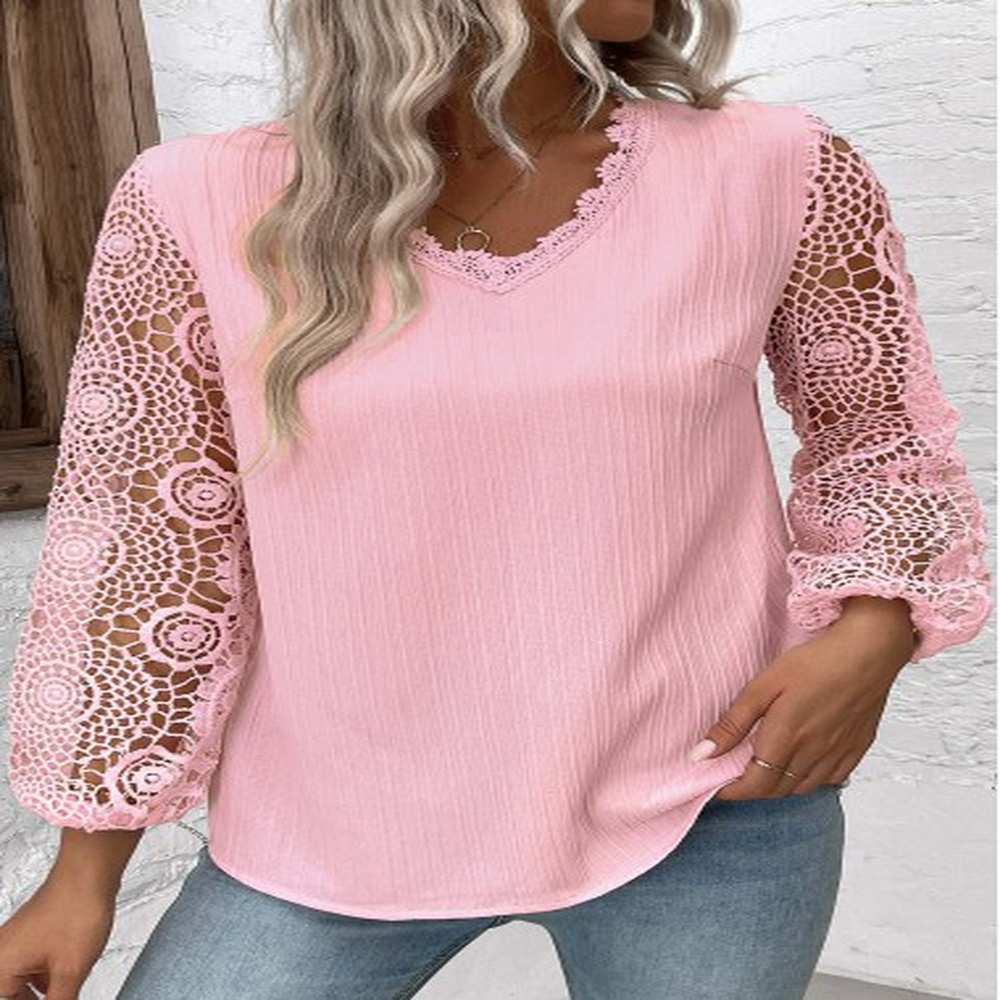modlily light pink embroidery long sleeve v neck blouse