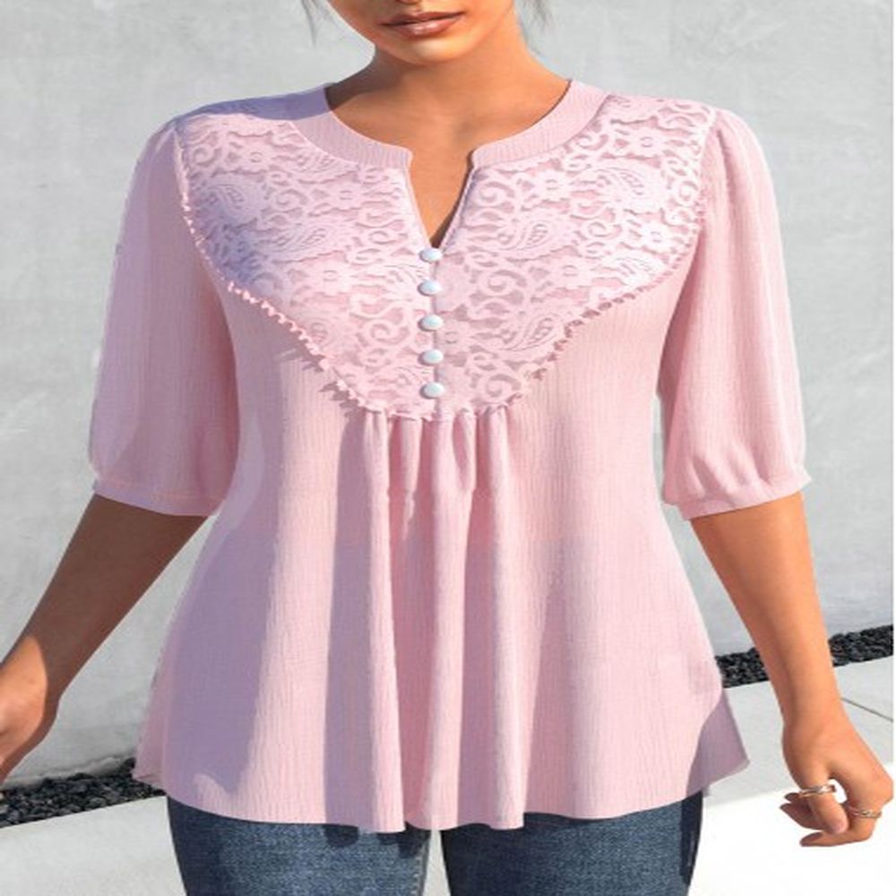 modlily light pink lace half sleeve split neck blouse