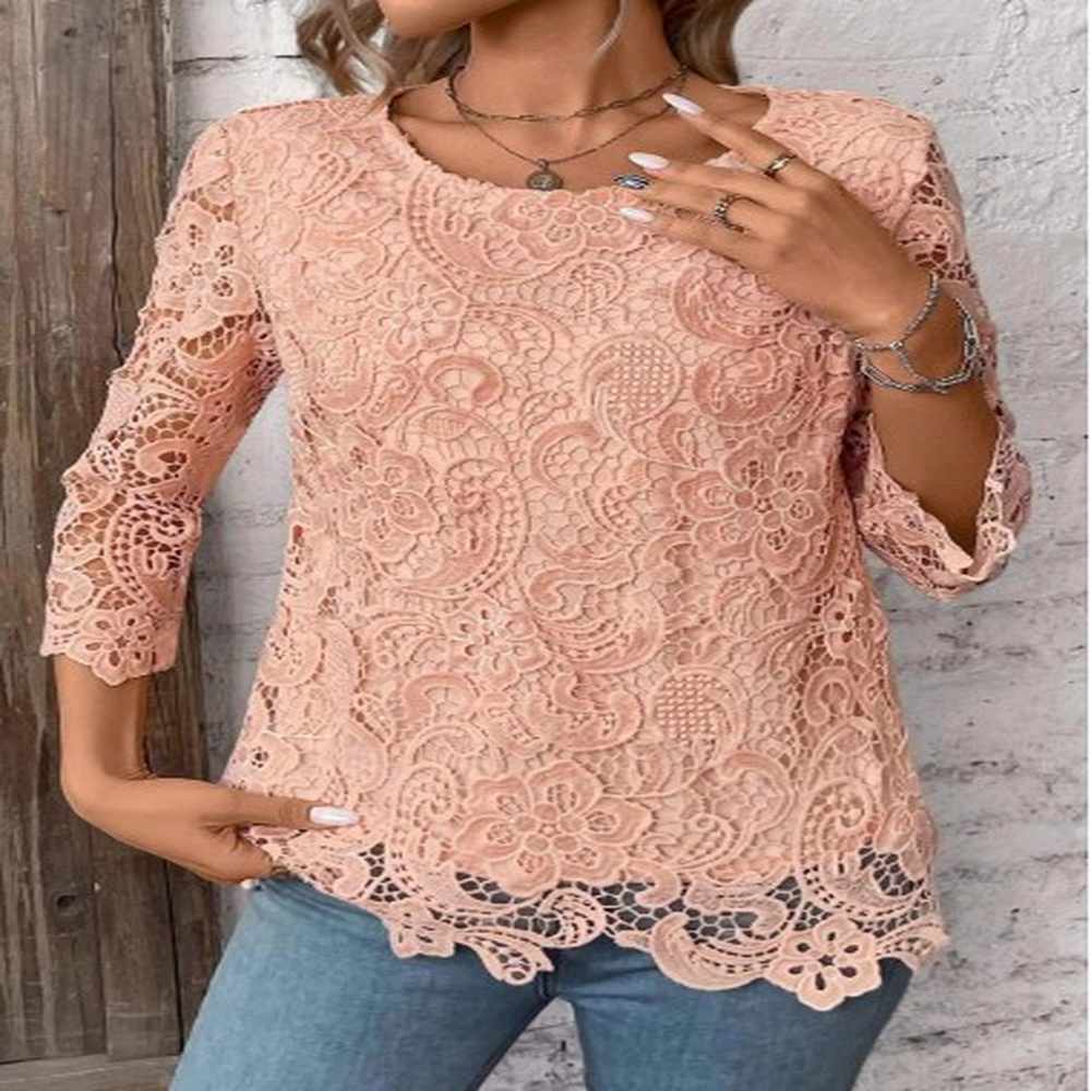 modlily light pink lace sleeve round neck t shirt