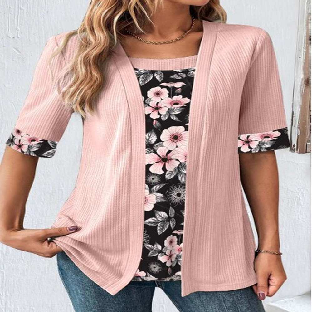 modlily light pink patchwork floral print fake two piece twinset