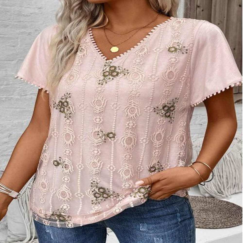 modlily light pink patchwork floral print short sleeve blouse