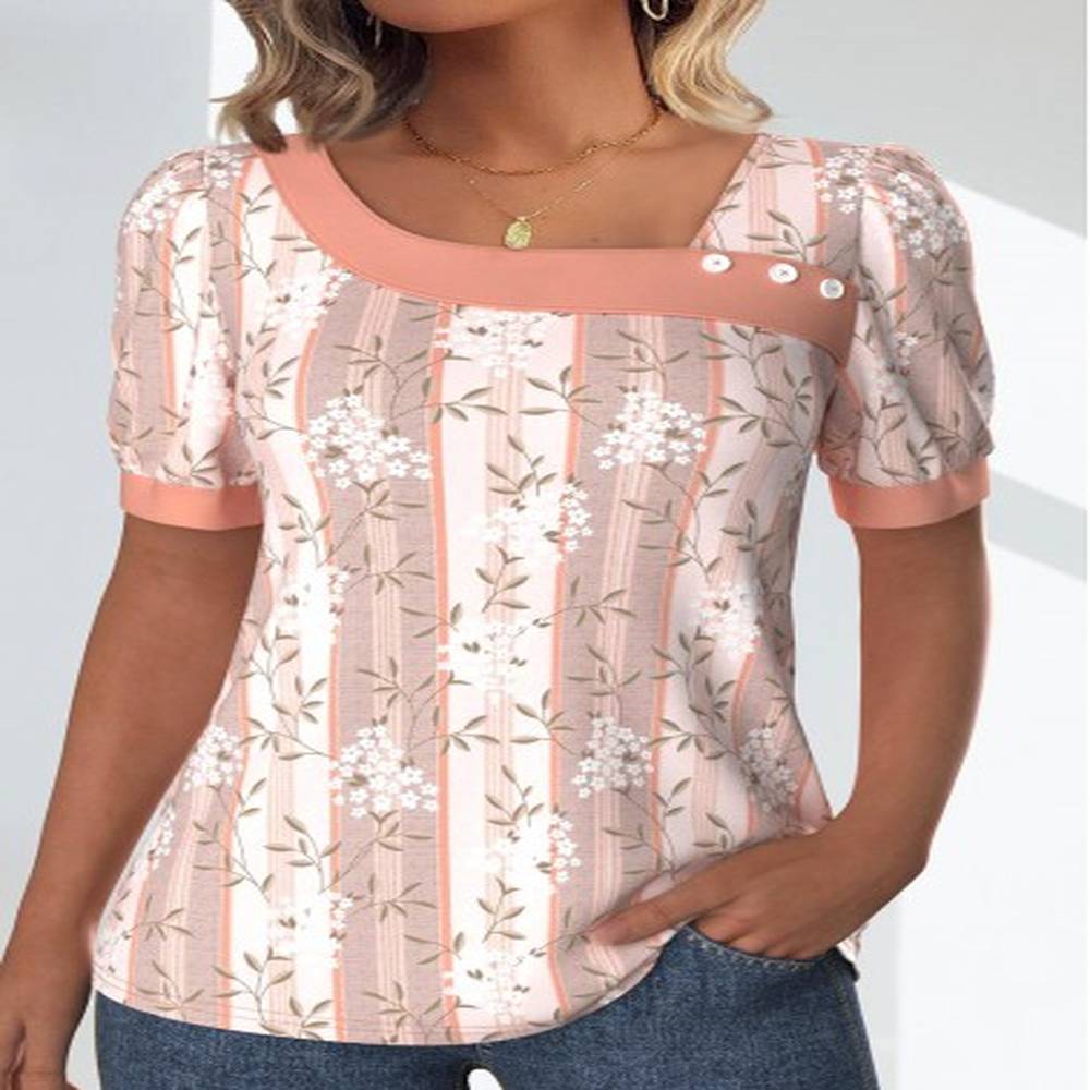 modlily light pink patchwork floral print short sleeve t shirt