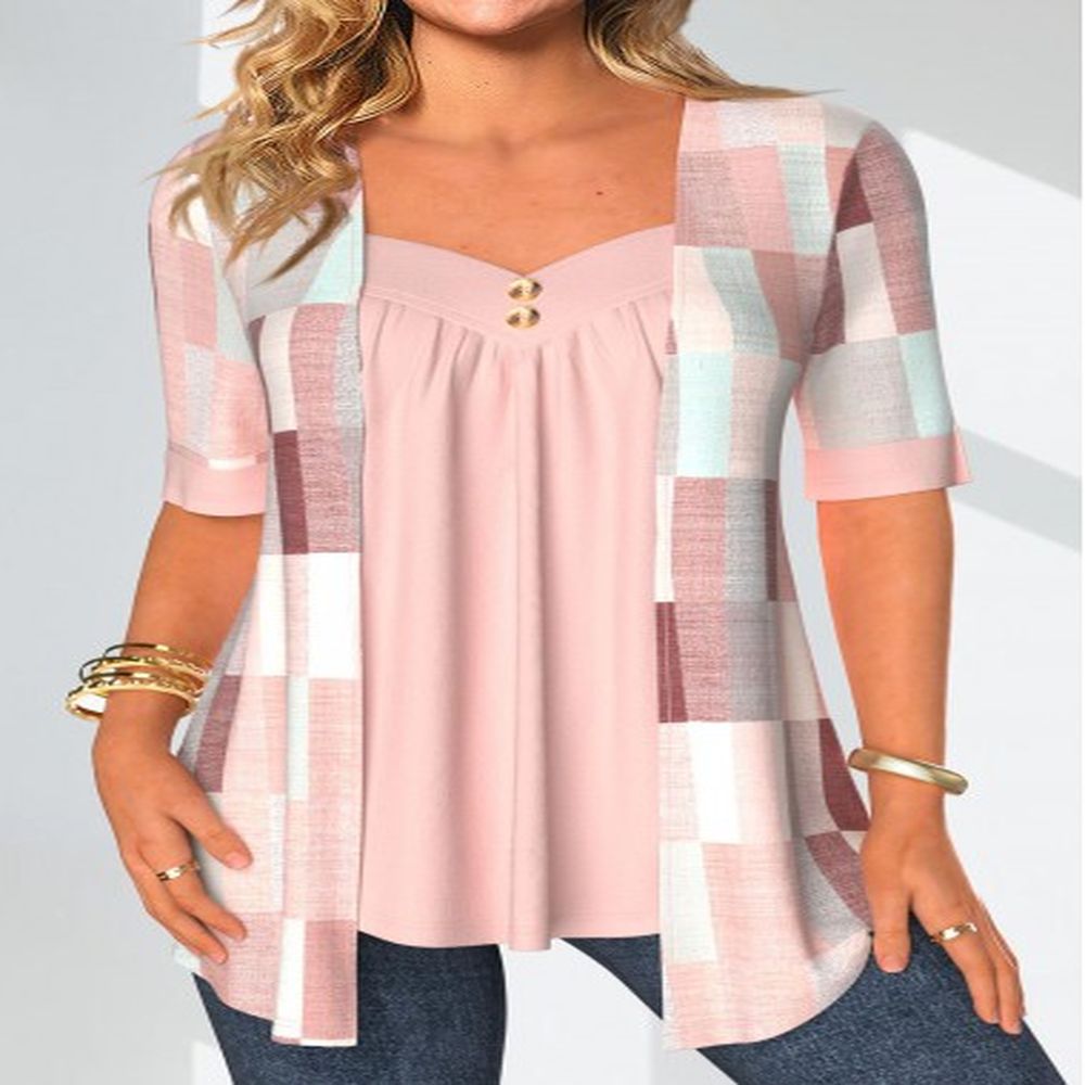 modlily light pink patchwork geometric print fake two piece twinset