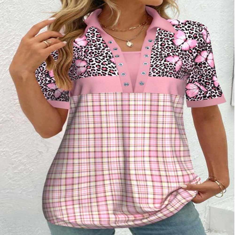 modlily light pink patchwork plaid short sleeve blouse l