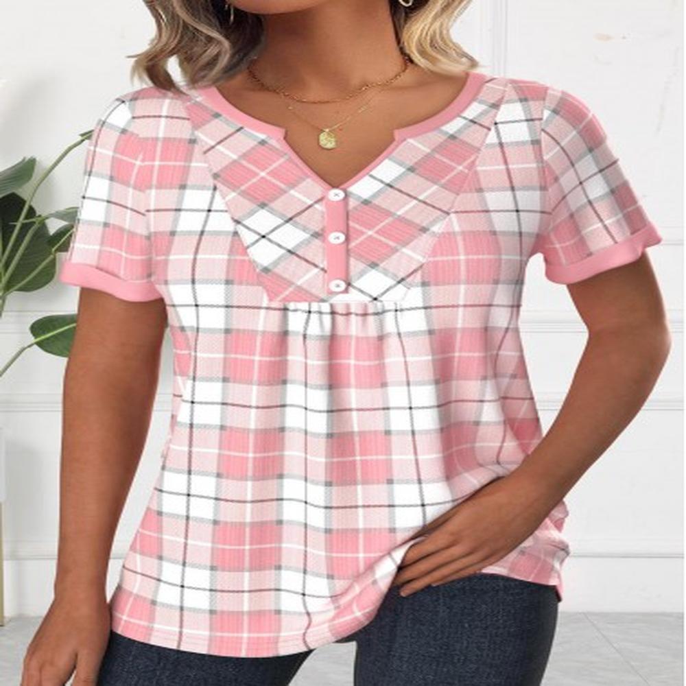 modlily light pink patchwork plaid short sleeve t shirt
