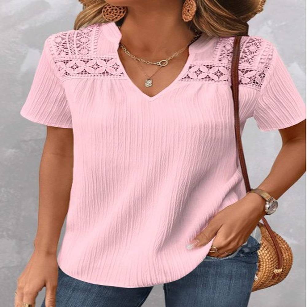 modlily light pink patchwork short sleeve v neck blouse