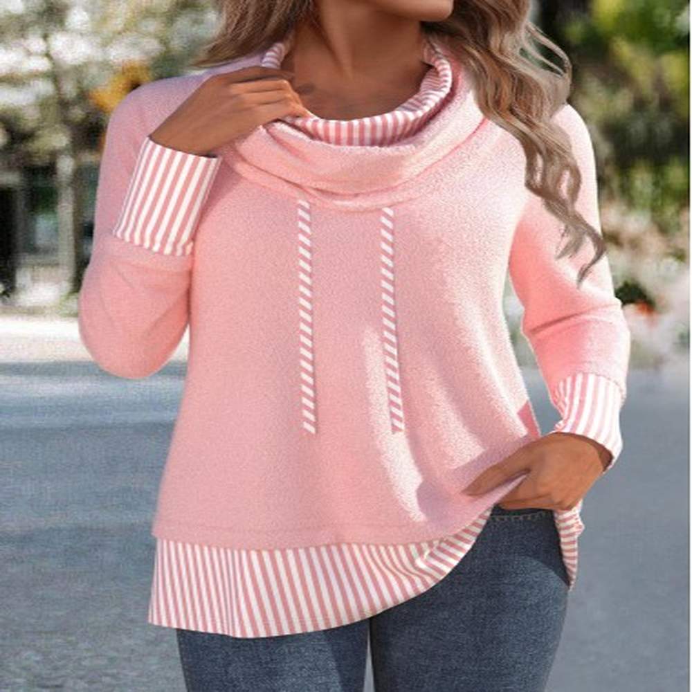 modlily light pink patchwork striped long sleeve cowl neck sweatshirt