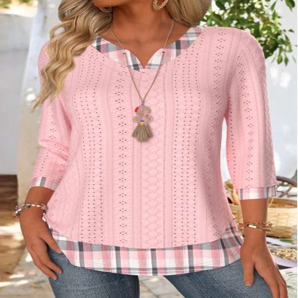 modlily light pink plaid sleeve split neck t shirt