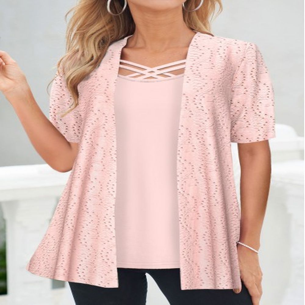 modlily light pink short sleeve fake two piece twinset