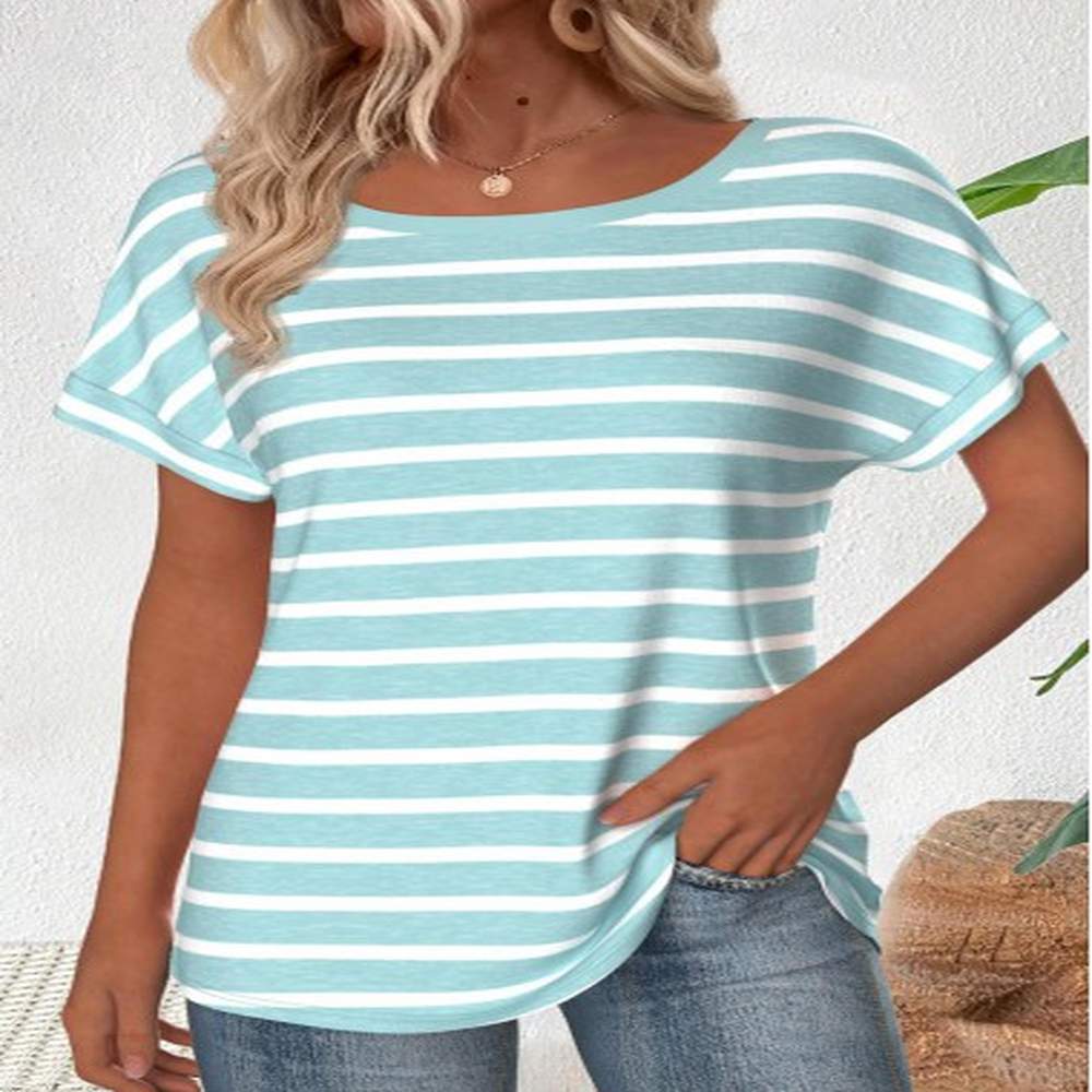 modlily light pink striped short sleeve boat neck t shirt