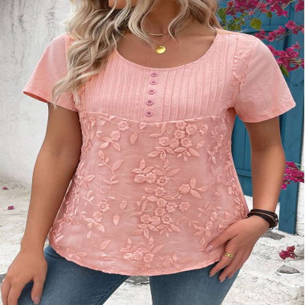 modlily light pink tuck stitch short sleeve round neck blouse
