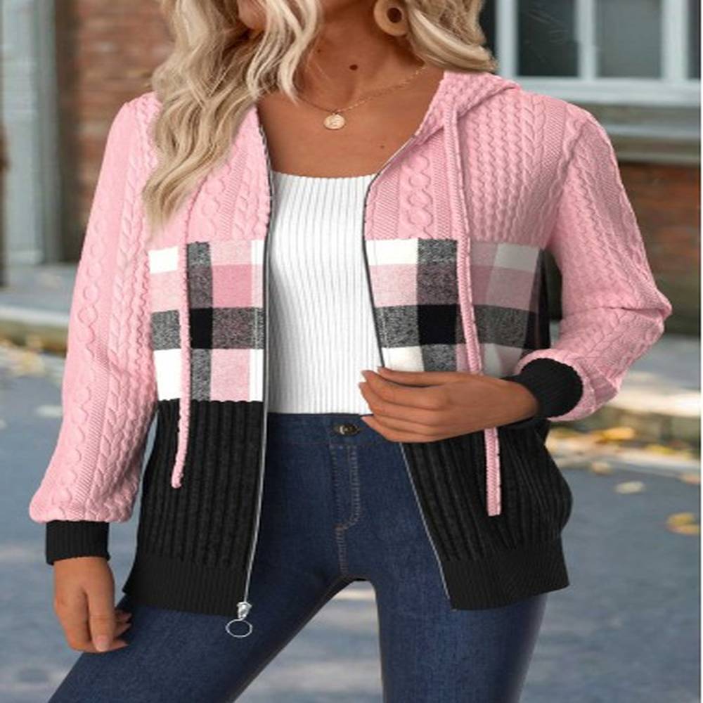 modlily light pink tummy coverage plaid long sleeve hooded coat