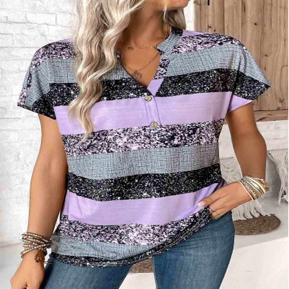 modlily light purple button striped short sleeve split neck blouse