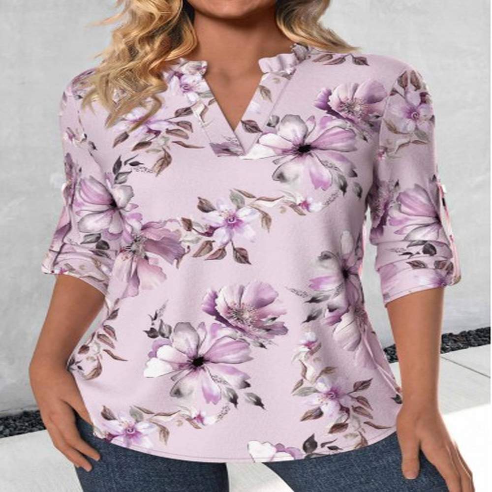 modlily light purple frill floral print sleeve blouse