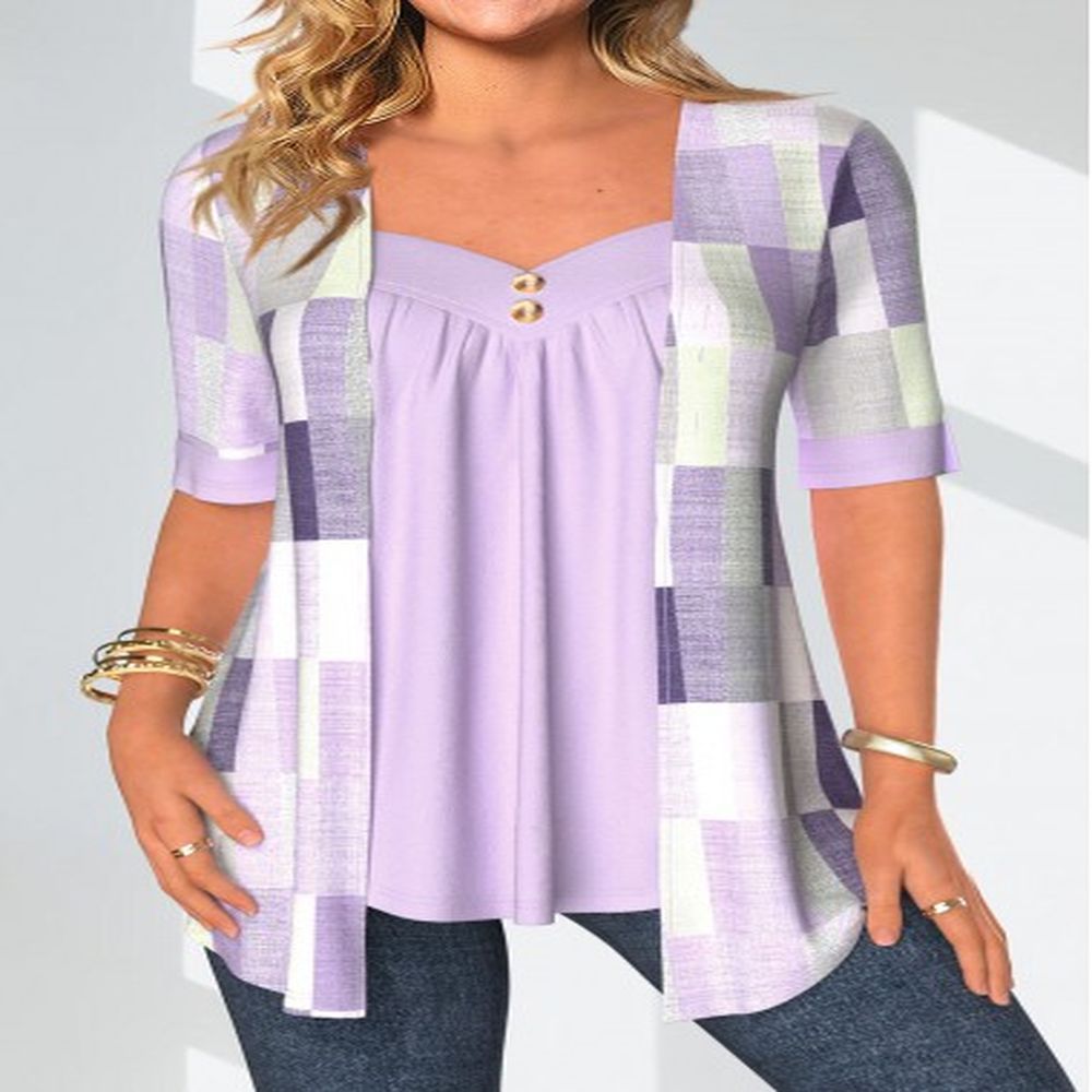 modlily light purple patchwork geometric print fake two piece twinset