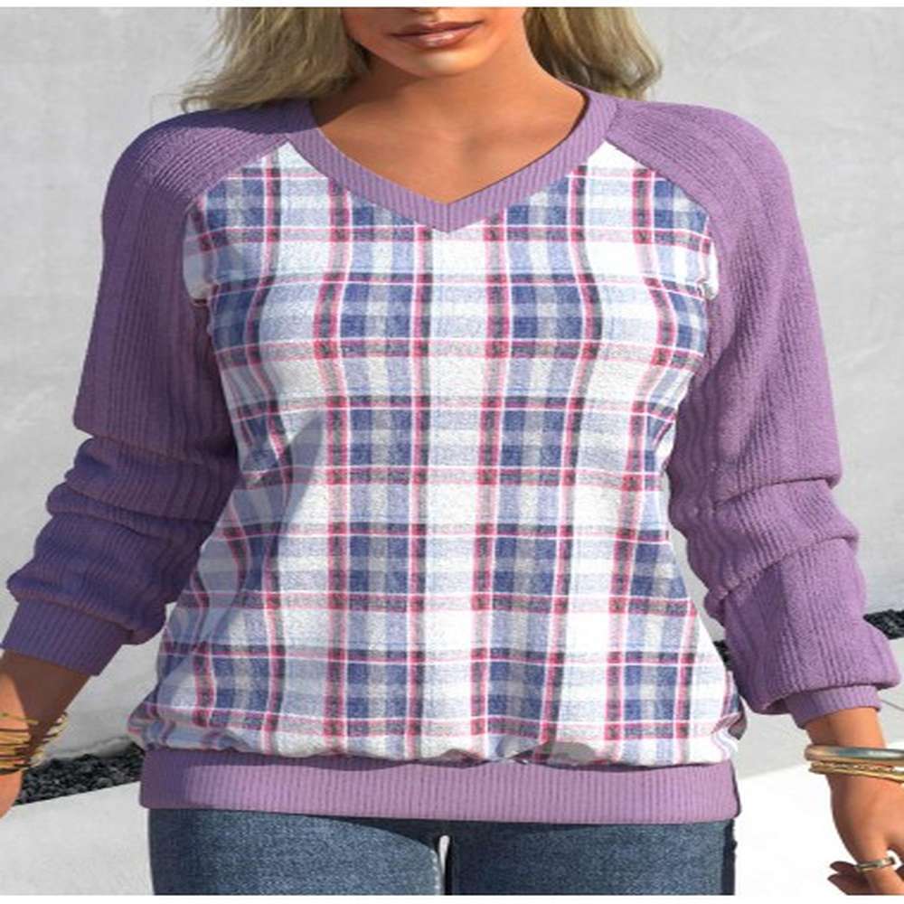 modlily light purple patchwork plaid long sleeve v neck sweatshirt