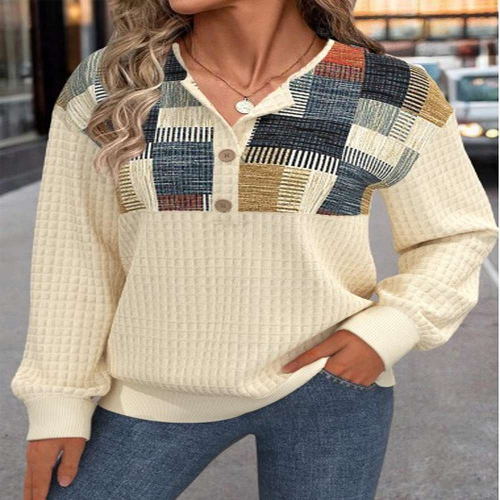 modlily light yellow button geometric print long sleeve sweatshirt