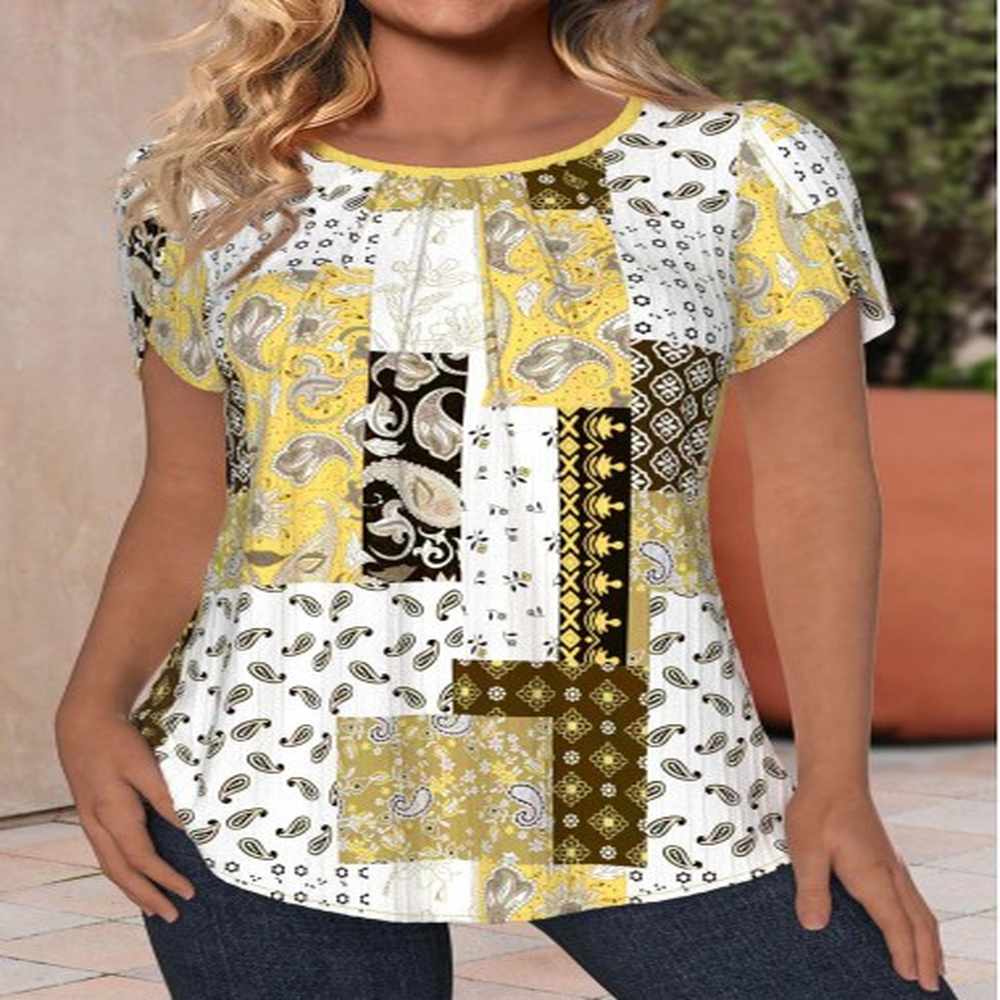 modlily light yellow cut out tribal print short sleeve blouse