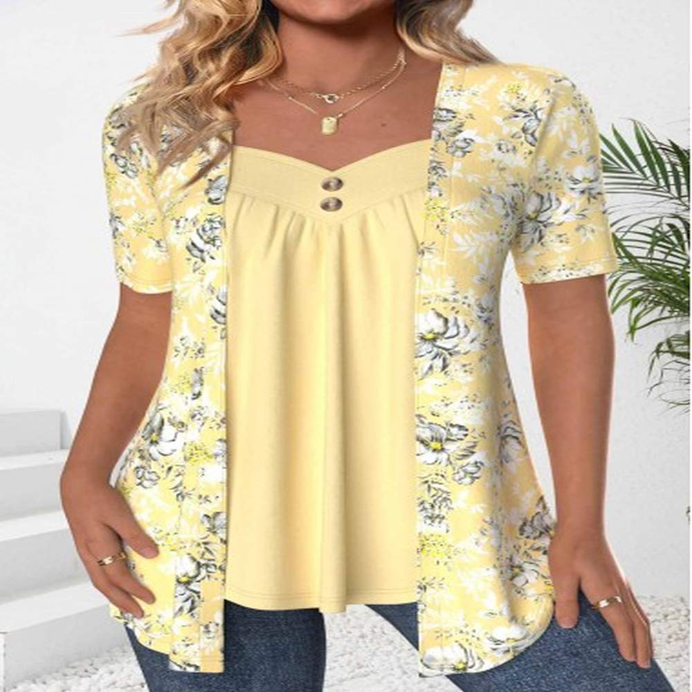 modlily light yellow floral print fake two piece twinset