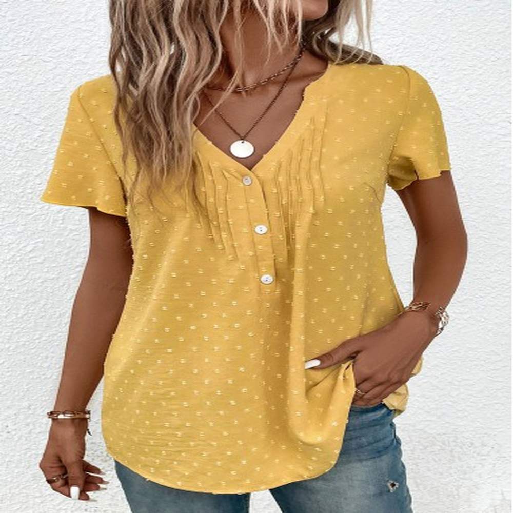 modlily light yellow jacquard short sleeve v neck blouse