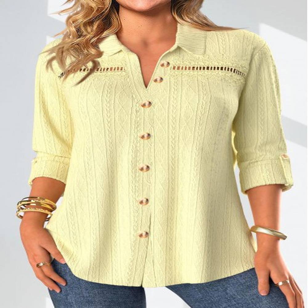 modlily light yellow lace long sleeve shirt collar blouse