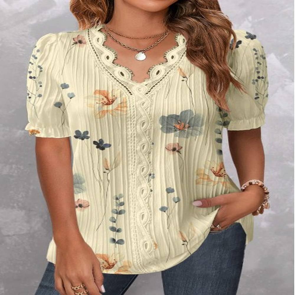 modlily light yellow patchwork floral print short sleeve blouse