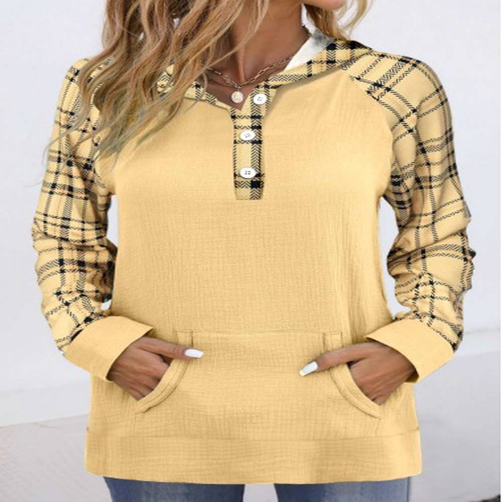 modlily light yellow patchwork plaid long sleeve hoodie l