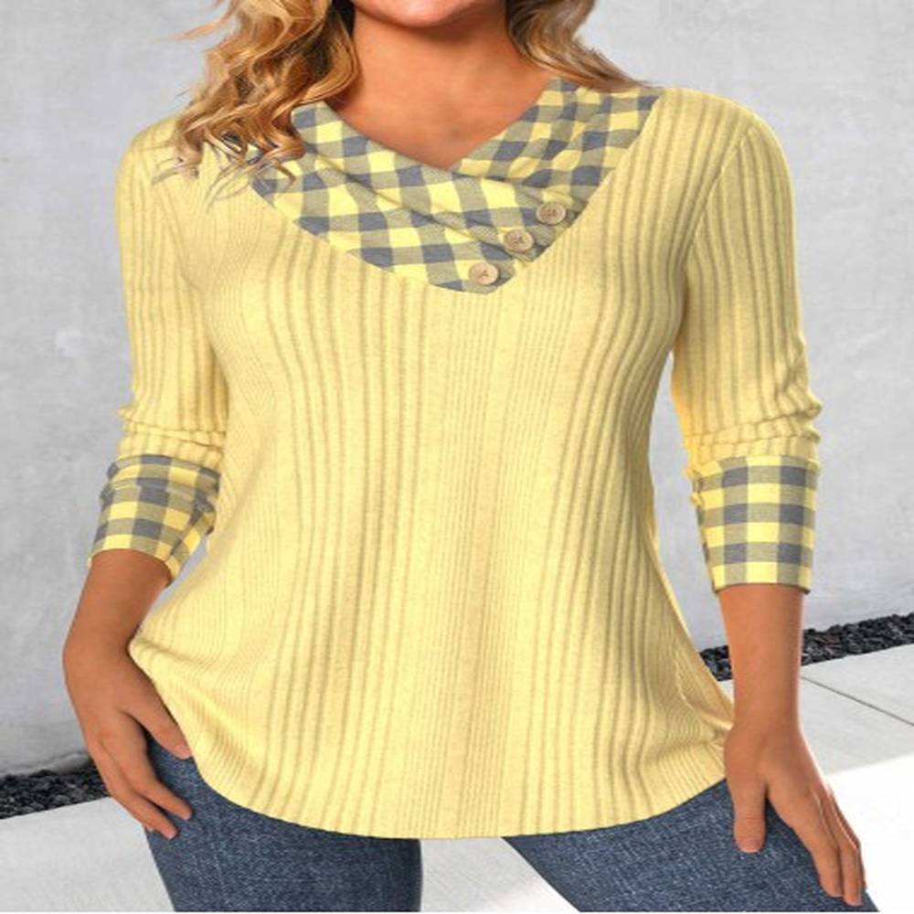 modlily light yellow patchwork plaid long sleeve t shirt
