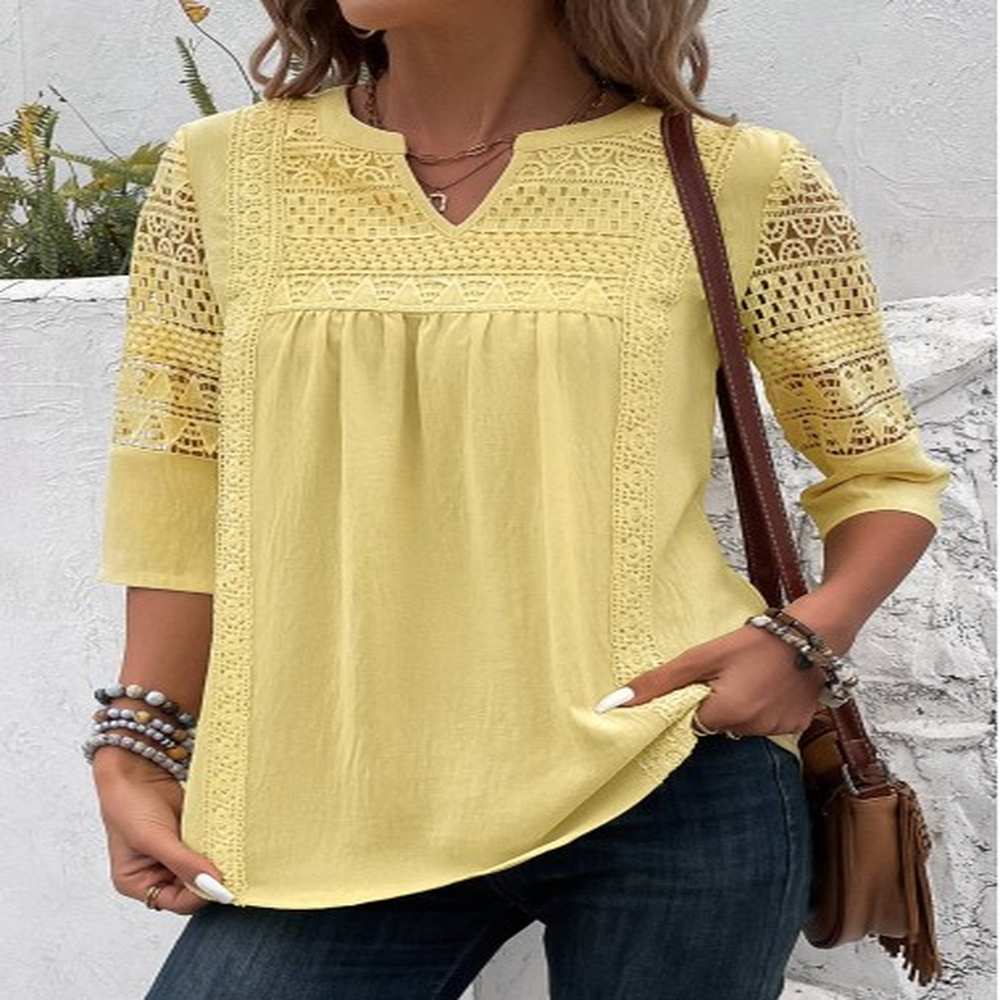 modlily light yellow patchwork sleeve split neck blouse