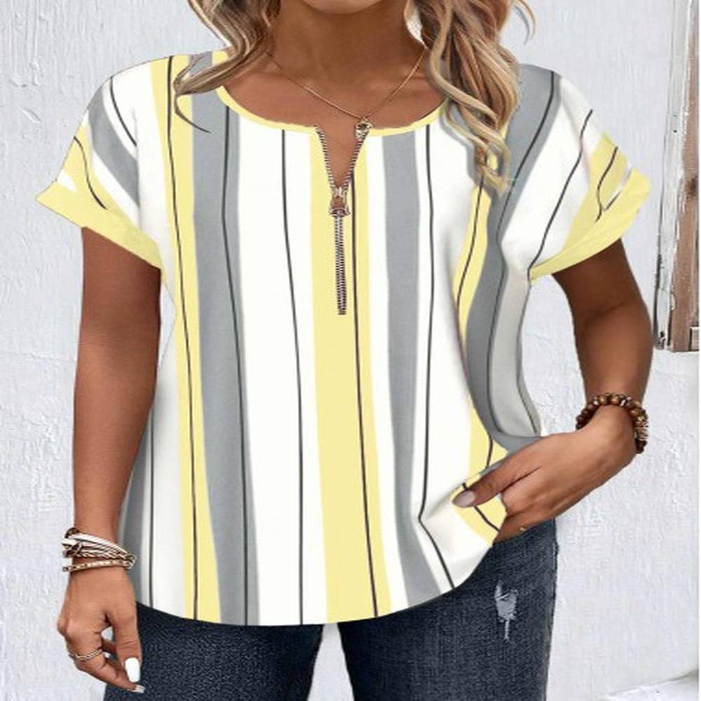 modlily light yellow zipper striped short sleeve round neck blouse