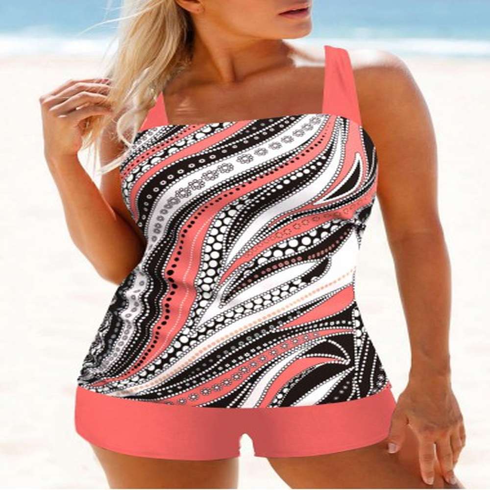 modlily lightweight mid waisted geometric print coral tankini set